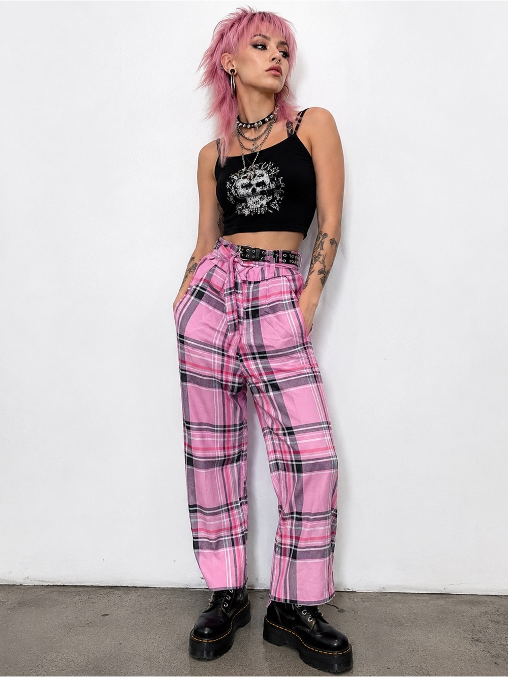 Pink Plaid High Waisted Pants